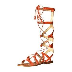 YDN Orange Women Sexy Knee High Lace up Flats Fringe Low Heel Gladiator Strap